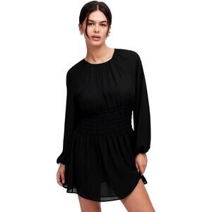 Madewell Lima Mini Flat Poly Chiffon Dress NWT Large Black Smocked Long Sleeve
